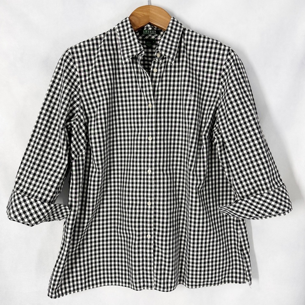 Lauren Ralph Lauren Cotton 3/4 Sleeve Gingham Button Up Shirt Women's Size 1X